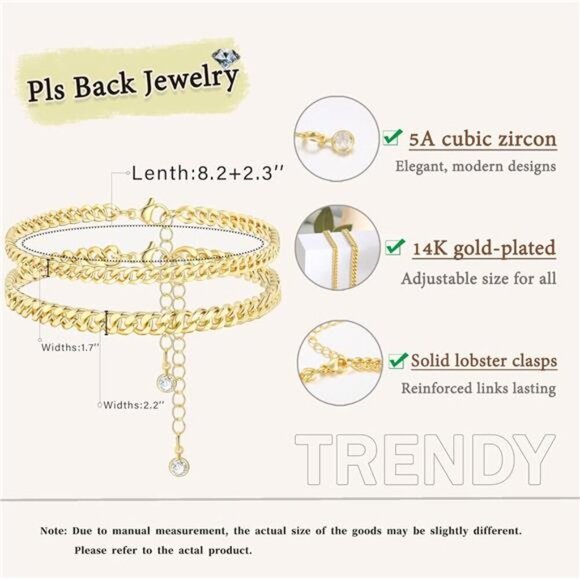Gold Anklet Set for Women Layered Cuban Chain Waterproof Adjustable Jewelry - Picture 5 of 7